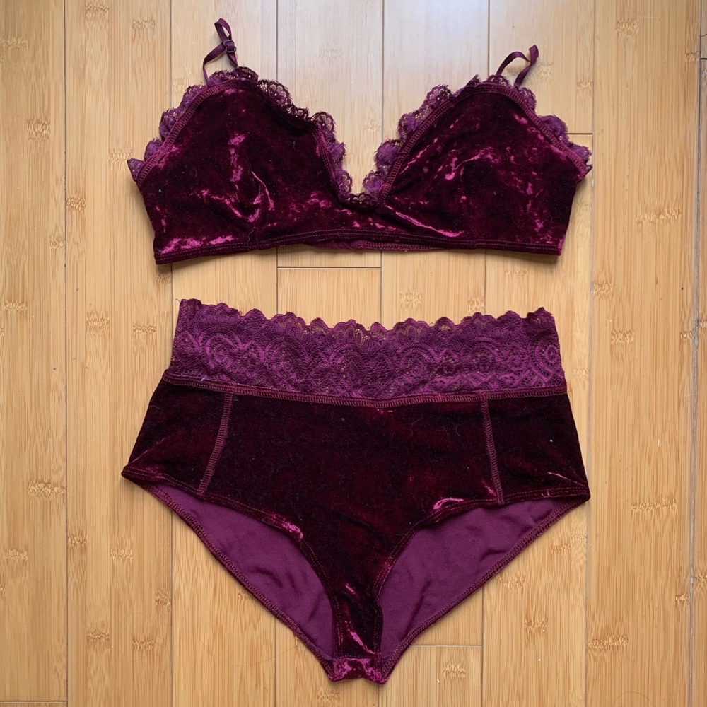 Maroon velvet/ lace bralette and panty set size L